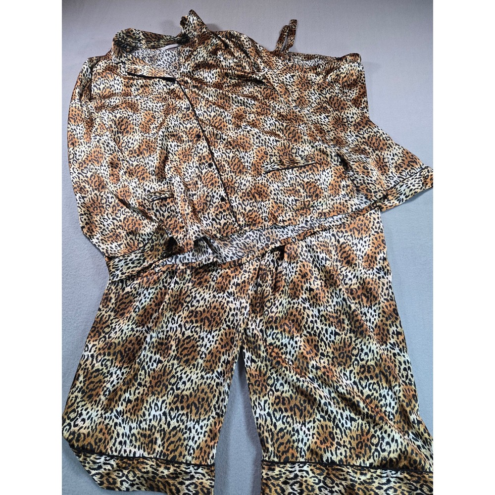 Victoria's Secret Pajama Set Women XL Leopard Print Satin Button Front Wide Leg